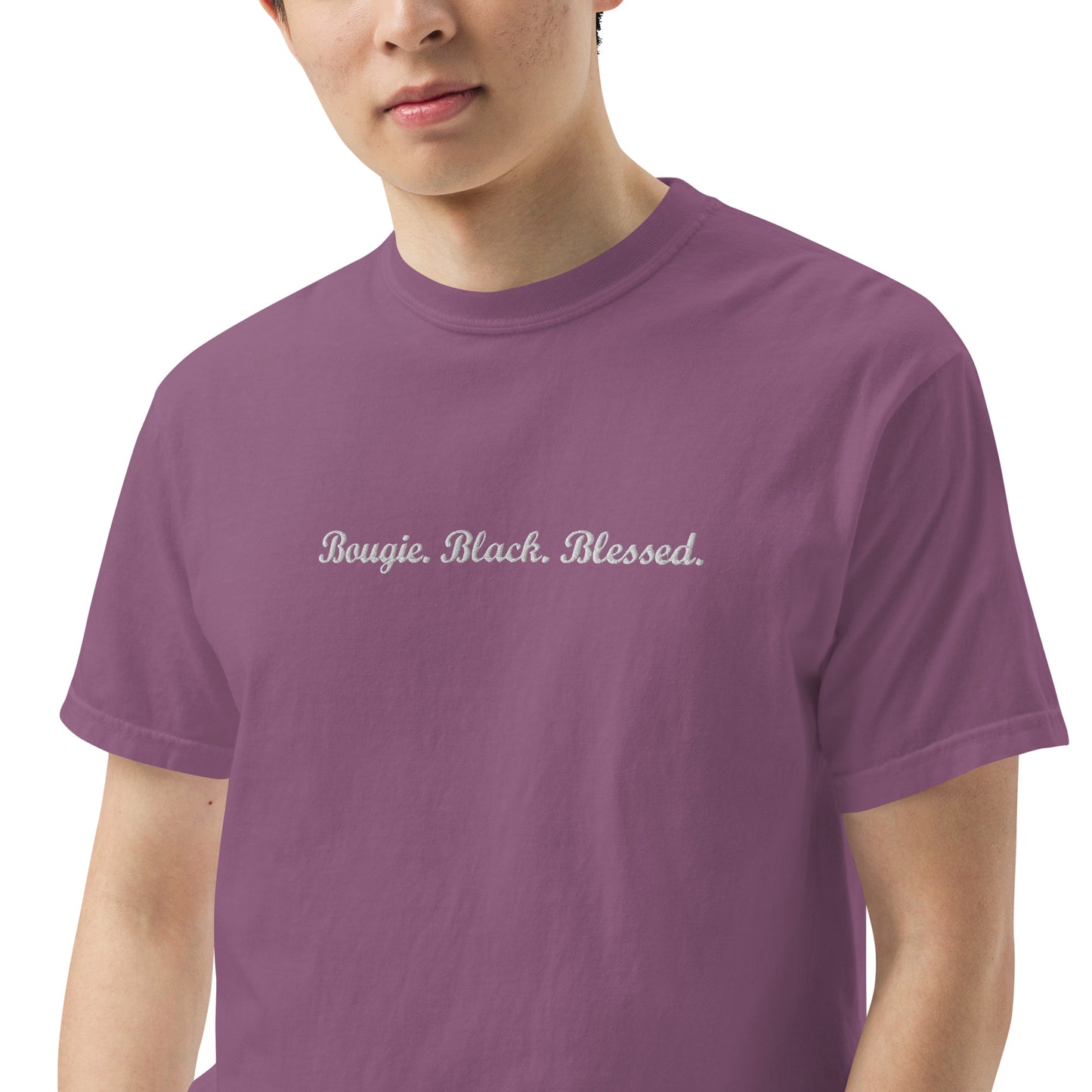 Bougie. Black. Blessed. T-shirt with Embroidered White Text