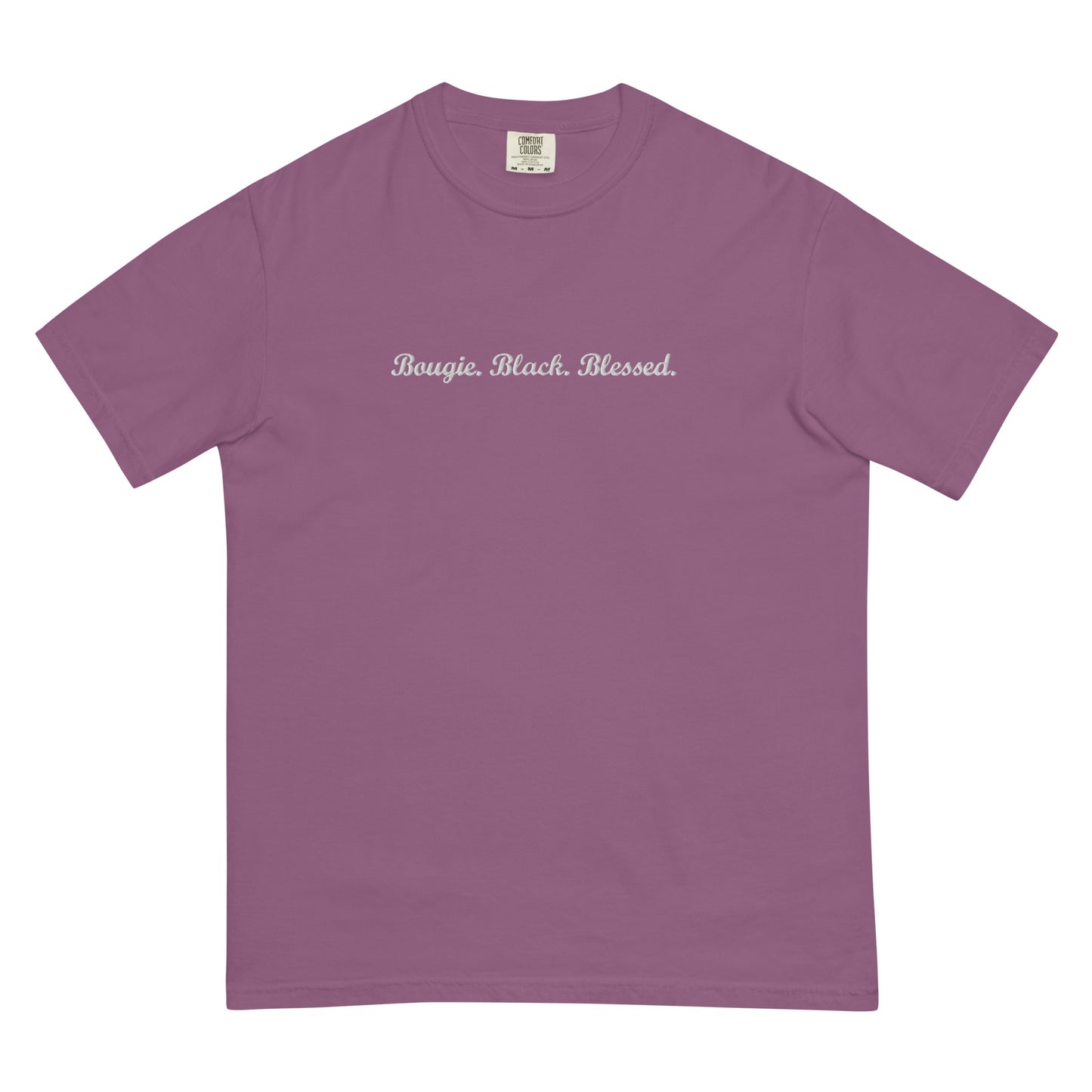 Bougie. Black. Blessed. T-shirt with Embroidered White Text