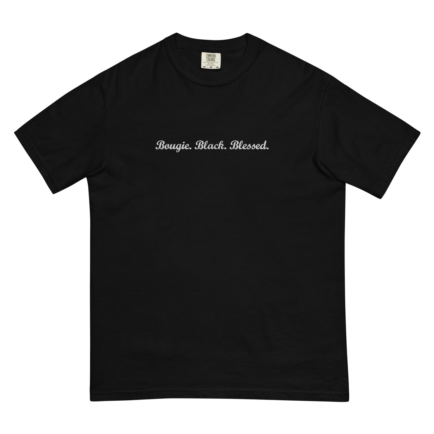 Bougie. Black. Blessed. T-shirt with Embroidered White Text