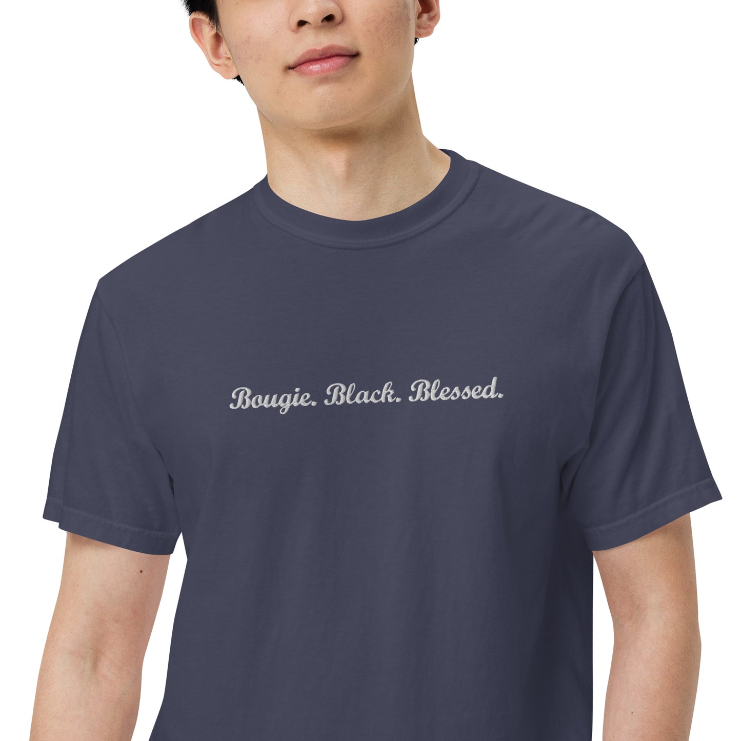 Bougie. Black. Blessed. T-shirt with Embroidered White Text