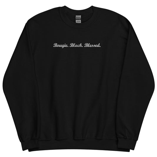 Bougie. Black. Blessed. Sweatshirt with White Embroidery